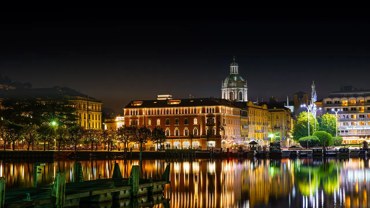 Como Town at Night, with reflections of the lit up buildings in the water